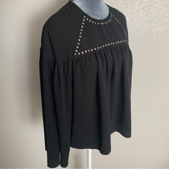 H&M Womens Black Loose fitting Flowy Studded Semi Sheer Long Bell sleeve Blouse - Picture 2 of 9